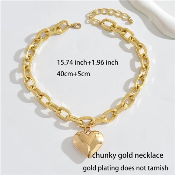 Chunky Heart Necklace Statement Necklace with Big Puffy Heart Gold Tone - Picture 6 of 11
